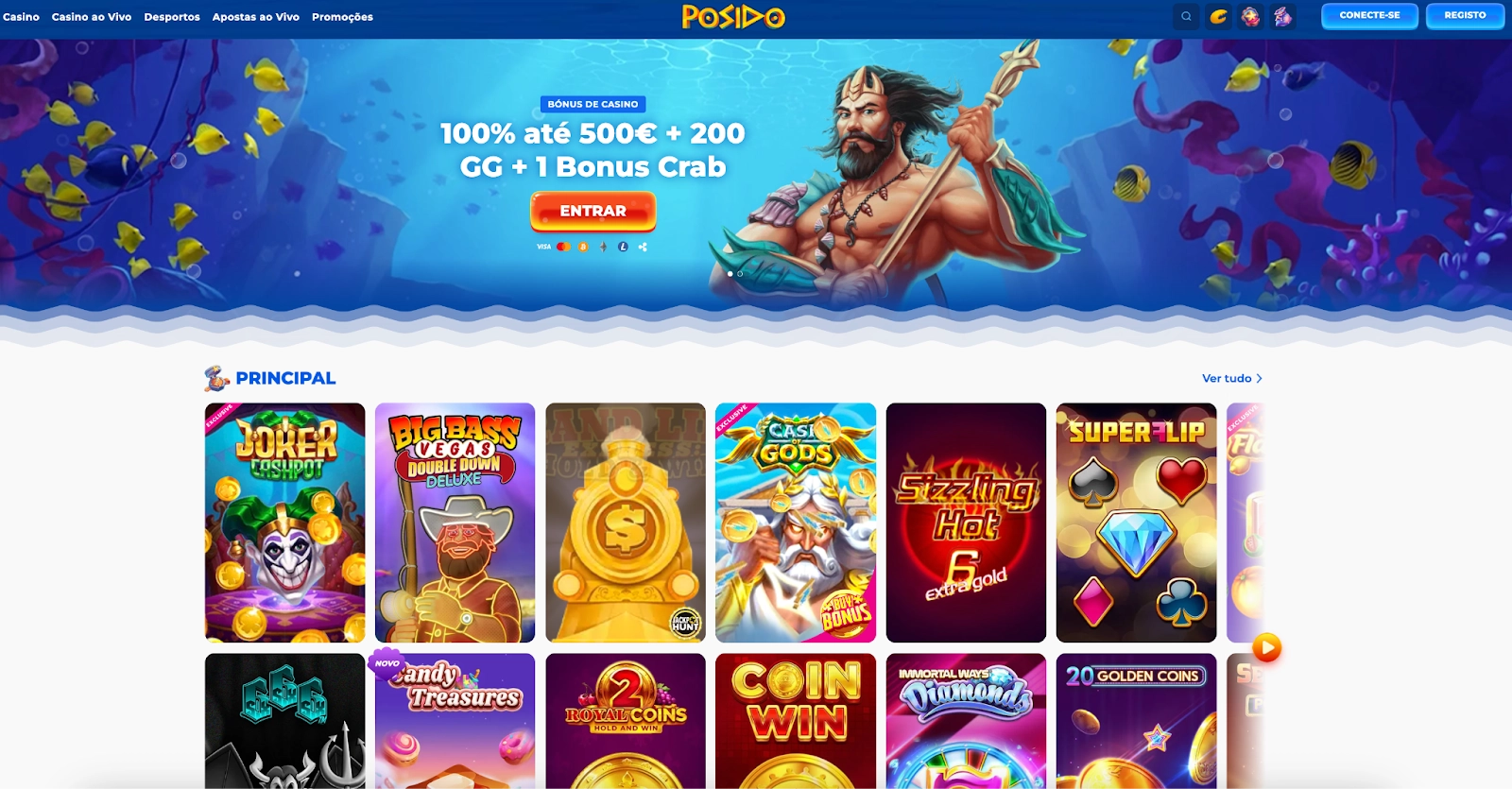 Página inicial do Posido Casino com bônus de boas-vindas e jogos populares.